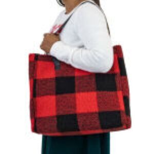 Barnes and Noble Red & Black Plaid Print Sherpa Shoulder Bag Tote 16.5" x 13.5"